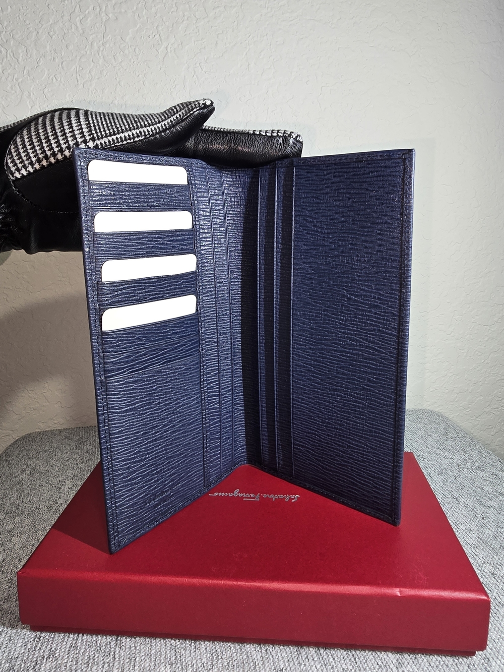 Salvatore Ferragamo Navy Textured Leather Long Card Holder with Silver Logo - Picture 11 of 13